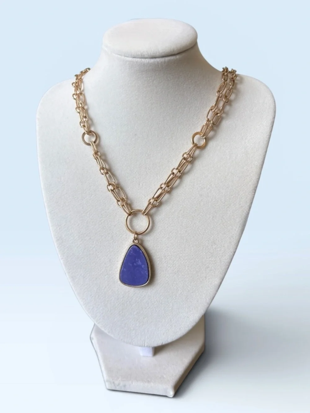 Goldtone Double Chain Necklace with a Blue Glass Pendant by Plunder Design - Picture 2 of 11